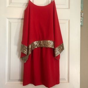 Red Coral spaghetti strap dress with gold trim